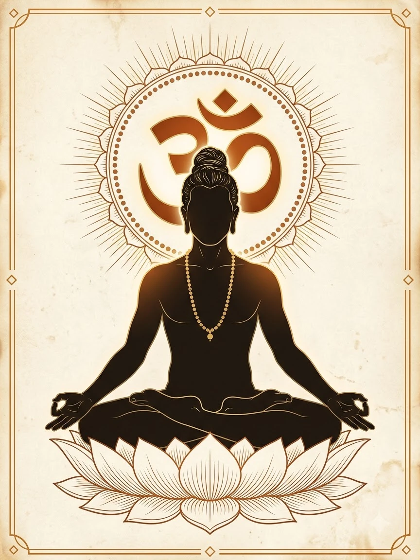 Silhouette of a yogi meditating in lotus pose before a Sanskrit Om on parchment